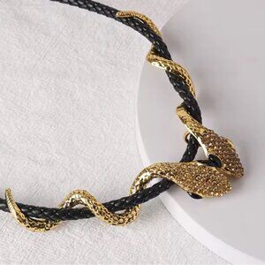 Serpenti Gothic Black Braided Snake Choker Necklace – Gold Serpent Design